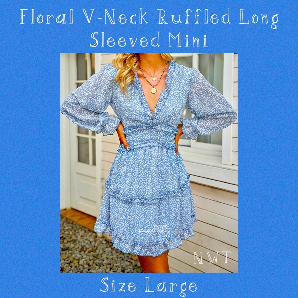 Gorgeous Floral Print Long Sleeved Ruffled Mini w/ Open Back NWT